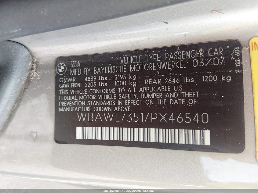 2007 BMW 3 series VIN WBAWL73517PX46540 IAAI salvage auction — NORMAL WEAR, Clear (Alabama), sold $600 on 2026-07-16 (photo 9)