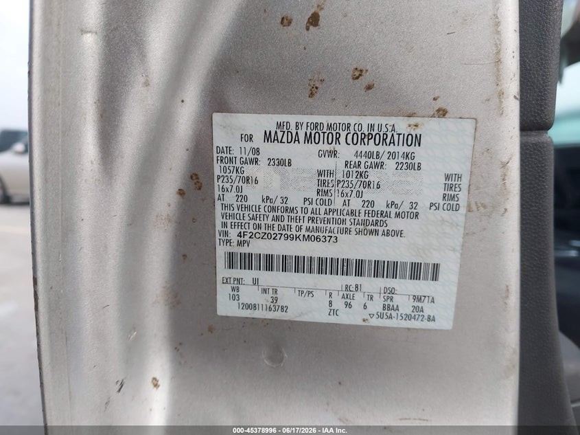 2009 Mazda Tribute VIN 4F2CZ02799KM06373 IAAI salvage auction — FRONT END, Clear (Texas), sold $450 on 2026-07-09 (photo 9)
