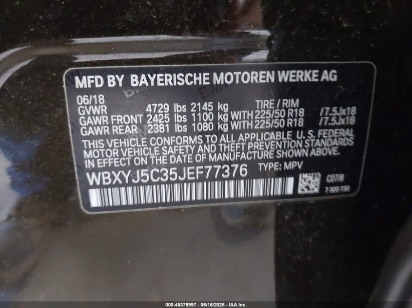 2018 BMW X2 VIN WBXYJ5C35JEF77376 IAAI salvage auction — FRONT END, Mv-907A (New York), sold $25 on 2026-07-29 (photo 9)