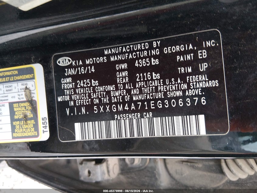 2014 Kia Optima VIN 5XXGM4A71EG306376 IAAI salvage auction — LEFT REAR, Clear (Alabama), sold $150 on 2026-07-09 (photo 9)