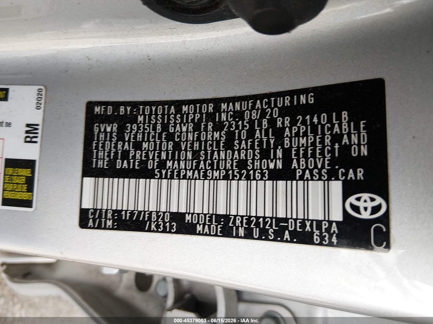 2021 Toyota Corolla VIN 5YFEPMAE9MP152163 IAAI salvage auction — FRONT & REAR, Salvage (New Jersey), sold $1,300 on 2026-07-30 (photo 9)