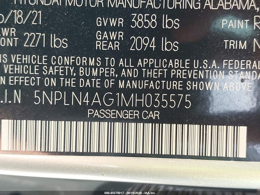 2021 Hyundai Elantra VIN 5NPLN4AG1MH035575 IAAI salvage auction — FRONT END, Salvage - Greater Than 75% (Maryland), sold $3,800 on 2026-08-01 (photo 9)