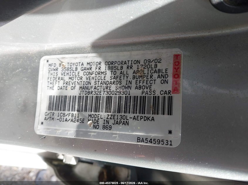 2003 Toyota Corolla VIN JTDBR32E730029301 IAAI salvage auction — NORMAL WEAR, Clear (New York), sold $250 on 2026-07-29 (photo 9)