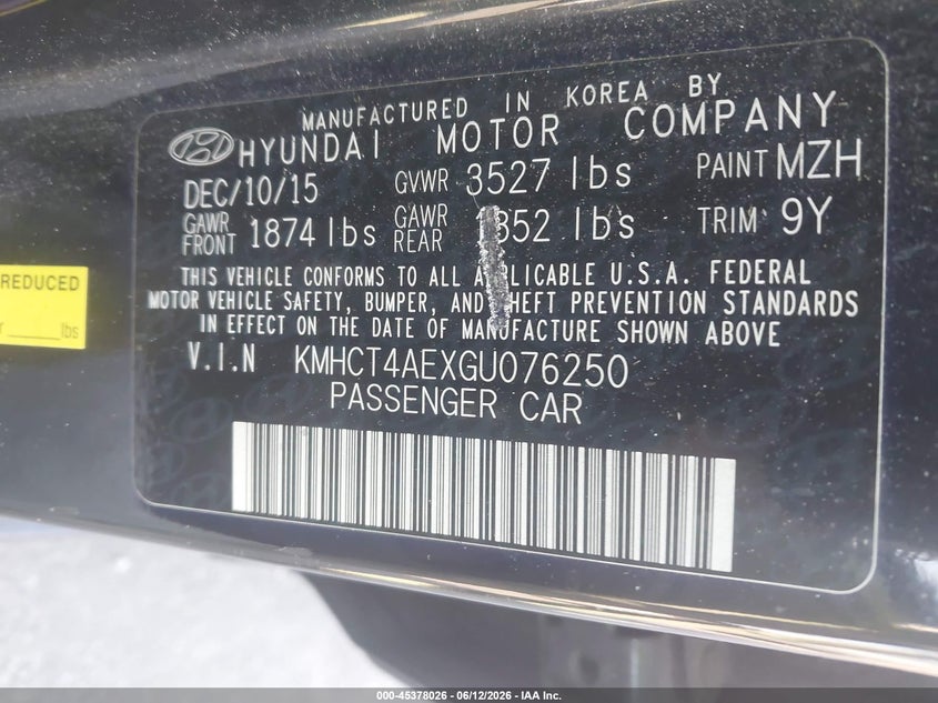 2016 Hyundai Accent VIN KMHCT4AEXGU076250 IAAI salvage auction — NORMAL WEAR, Clear (Kansas), sold $975 on 2026-07-22 (photo 9)