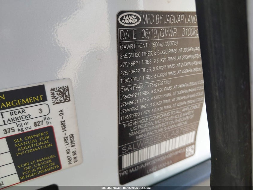 2020 Land rover Range rover sport VIN SALWR2SEXLA878630 IAAI salvage auction — NORMAL WEAR, Salvage Title, sold $5,900 on 2026-07-21 (photo 9)