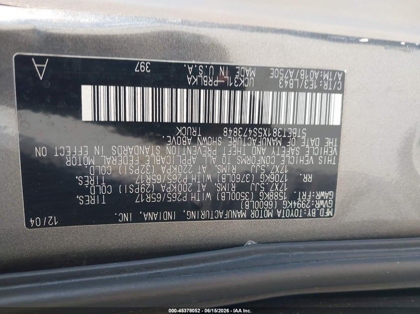 2005 Toyota Tundra VIN 5TBET381X5S473848 IAAI salvage auction — RIGHT FRONT, Salvage (California), sold $1,050 on 2026-07-06 (photo 9)
