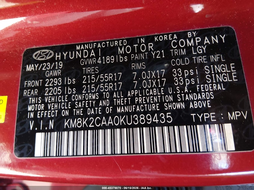 2019 Hyundai Kona VIN KM8K2CAA0KU389435 IAAI salvage auction — FRONT END, Salvage (Utah), sold $2,200 on 2026-07-23 (photo 9)