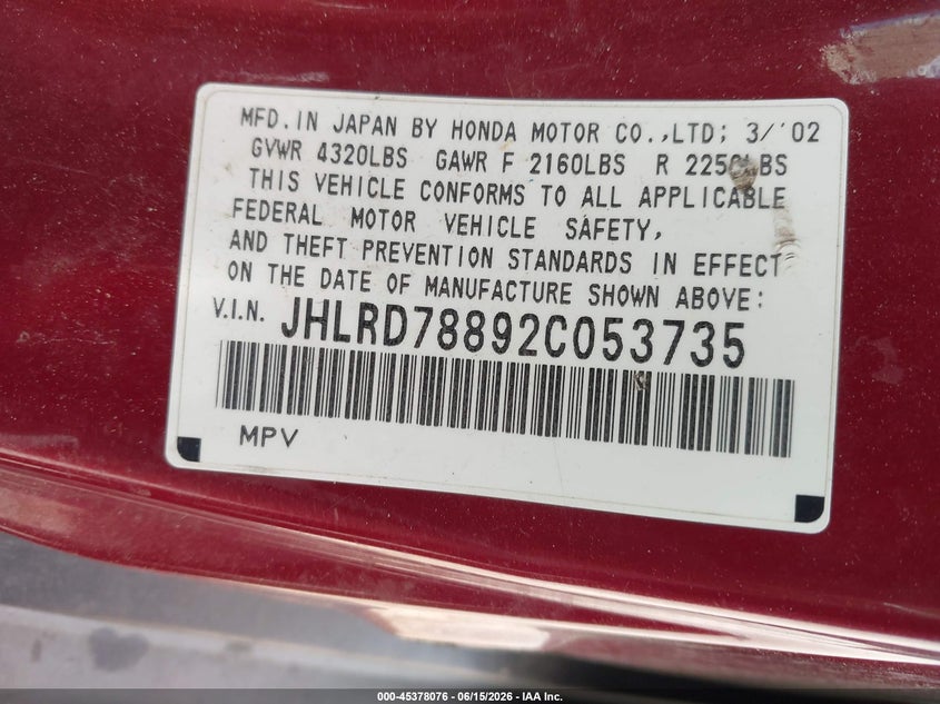 2002 Honda Cr-v VIN JHLRD78892C053735 IAAI salvage auction — NORMAL WEAR, Clear (New Jersey), sold $500 on 2026-07-21 (photo 9)