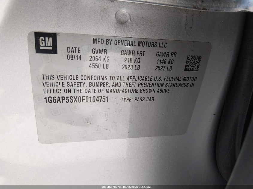 2015 Cadillac Cts VIN 1G6AP5SX0F0104751 IAAI salvage auction — SIDE, Salvage (California), sold $1,300 on 2026-07-12 (photo 9)