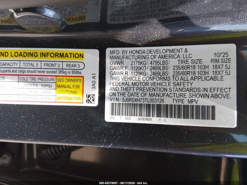 2026 Honda Cr-v VIN 5J6RS4H73TL003126 IAAI salvage auction — RIGHT REAR, Salvage (Nevada), sold $15,300 on 2026-07-24 (photo 9)
