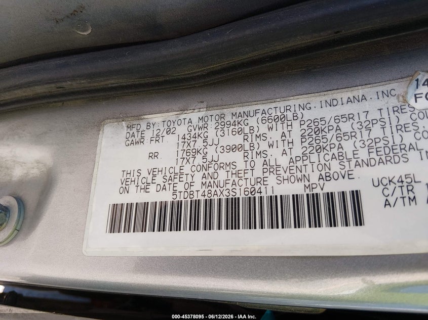 2003 Toyota Sequoia VIN 5TDBT48AX3S160411 IAAI salvage auction — NORMAL WEAR, Clear (Idaho), sold $700 on 2026-07-24 (photo 9)