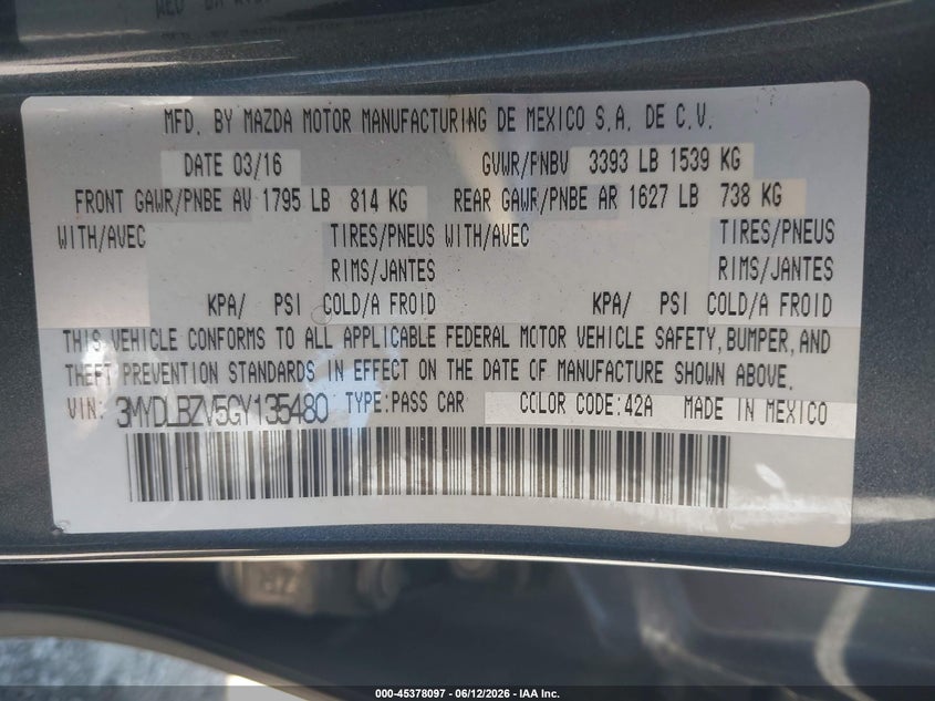 2016 Scion Ia VIN 3MYDLBZV5GY135480 IAAI salvage auction — RIGHT FRONT, Salvage Title, sold $725 on 2026-08-02 (photo 9)