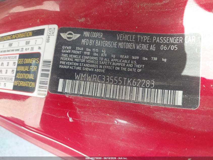 2005 Mini Cooper VIN WMWRC33555TK62283 IAAI salvage auction — UNKNOWN, Salvage (Texas), sold $25 on 2026-07-10 (photo 9)