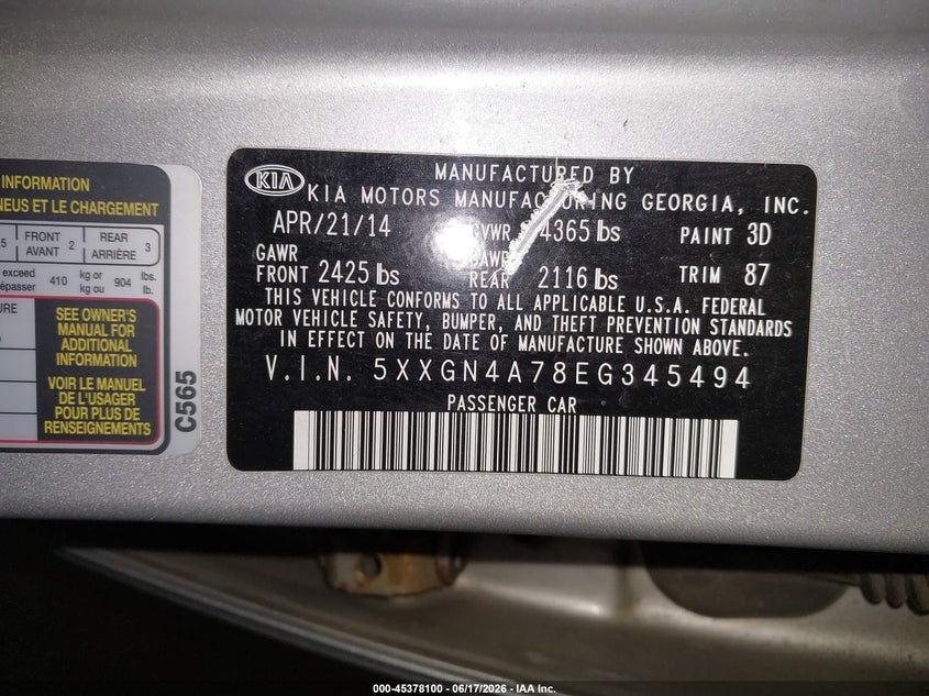 2014 Kia Optima VIN 5XXGN4A78EG345494 IAAI salvage auction — FRONT END, Salvage (Maine), sold $450 on 2026-07-27 (photo 9)