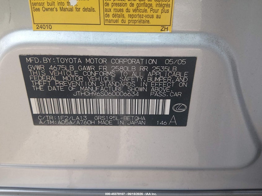 2006 Lexus Gs 300 VIN JTHCH96S060006634 IAAI salvage auction — NORMAL WEAR, Clear (Virginia), sold $400 on 2026-07-07 (photo 9)
