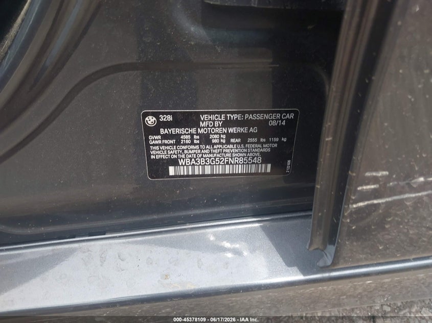 2015 BMW 3er VIN WBA3B3G52FNR85548 IAAI salvage auction — RIGHT FRONT, Salvage (Ohio), sold $775 on 2026-07-28 (photo 9)