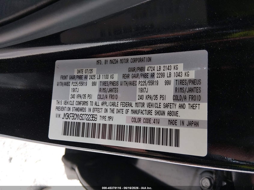 2025 Mazda Cx-5 VIN JM3KFBCMXS0722359 IAAI salvage auction — FRONT END, Salvage (Virginia), sold $10,300 on 2026-07-16 (photo 9)