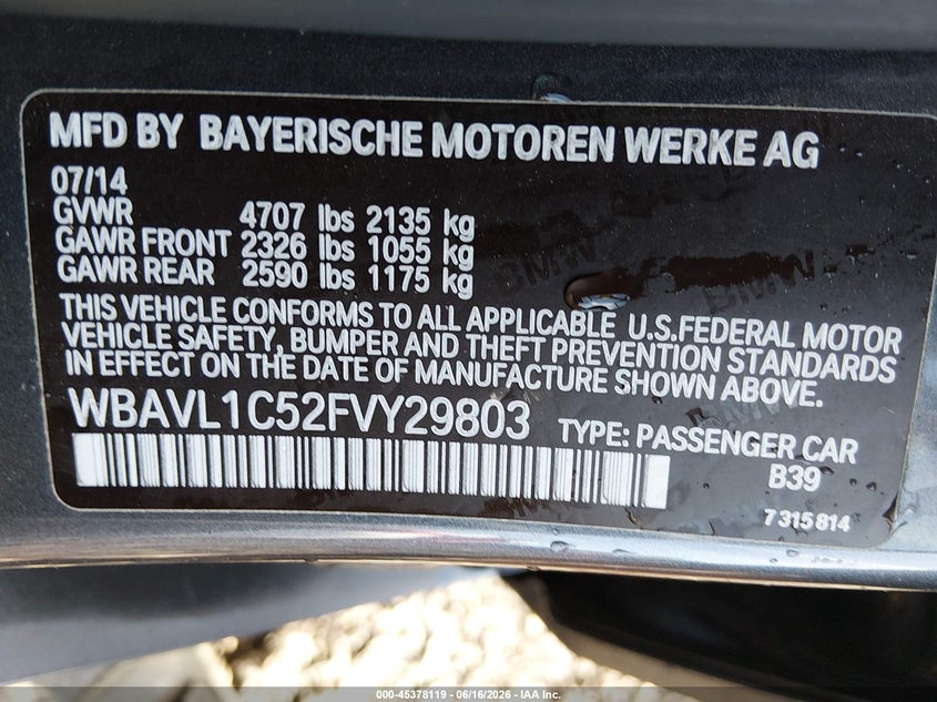 2015 BMW X1 VIN WBAVL1C52FVY29803 IAAI salvage auction — FRONT END, Salvage (Ohio), sold $825 on 2026-07-15 (photo 9)