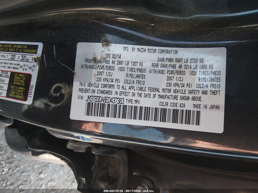 2014 Mazda Cx-9 VIN JM3TB3DA8E0437383 IAAI salvage auction — LEFT SIDE, Salvage (Nevada), sold $900 on 2026-07-31 (photo 9)