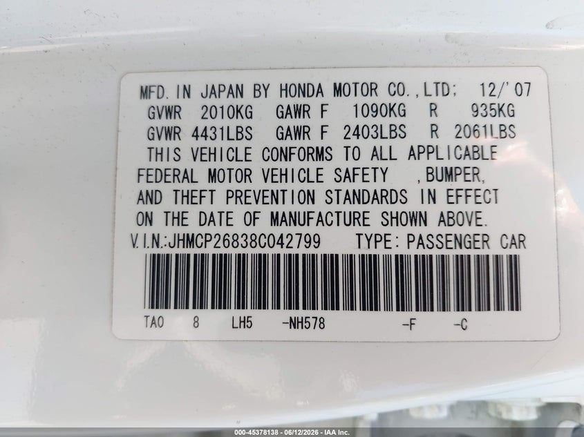 2008 Honda Accord VIN JHMCP26838C042799 IAAI salvage auction — REAR END, Salvage (California), sold $25 on 2026-07-21 (photo 9)