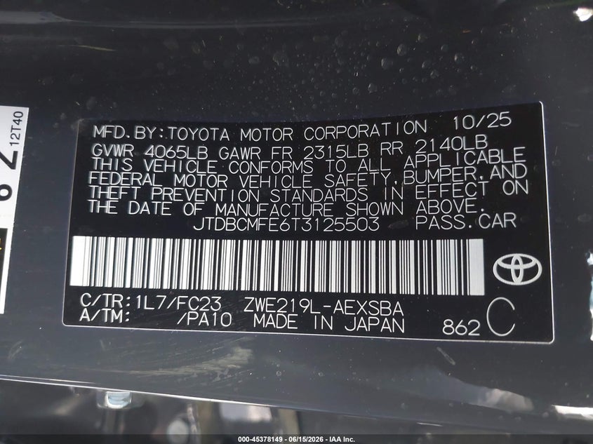 2026 Toyota Corolla VIN JTDBCMFE6T3125503 IAAI salvage auction — FRONT END, Salvage (Arizona), sold $6,950 on 2026-07-28 (photo 9)