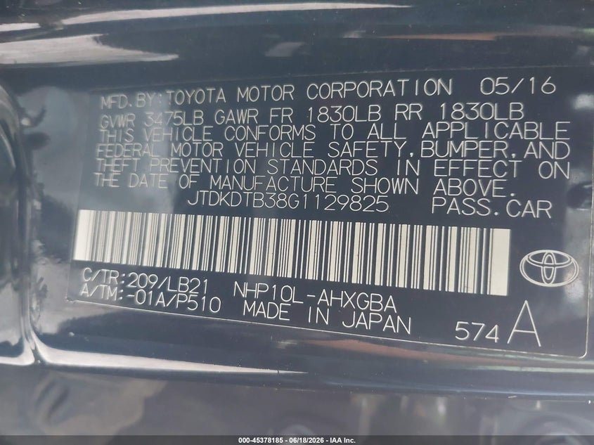 2016 Toyota Prius c VIN JTDKDTB38G1129825 IAAI salvage auction — LEFT FRONT, Salvage Title, sold $1,100 on 2026-07-30 (photo 9)