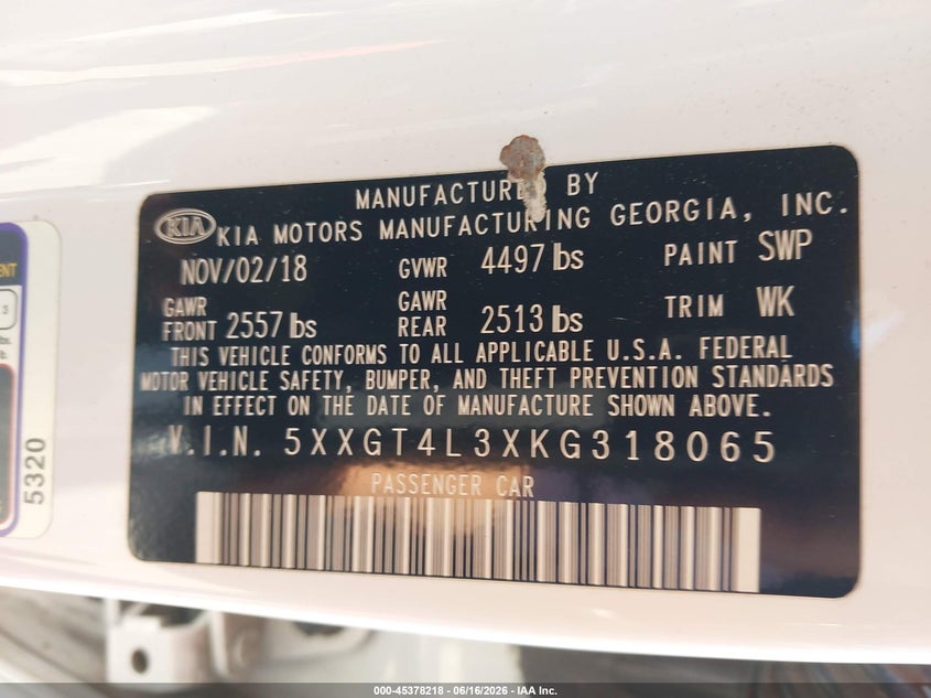 2019 Kia Optima VIN 5XXGT4L3XKG318065 IAAI salvage auction — REAR END, Salvage (California), sold $3,150 on 2026-07-16 (photo 9)