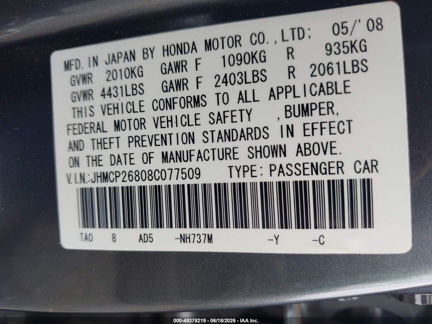 2008 Honda Accord VIN JHMCP26808C077509 IAAI salvage auction — REAR END, Salvage (Georgia), sold $1,250 on 2026-07-15 (photo 9)