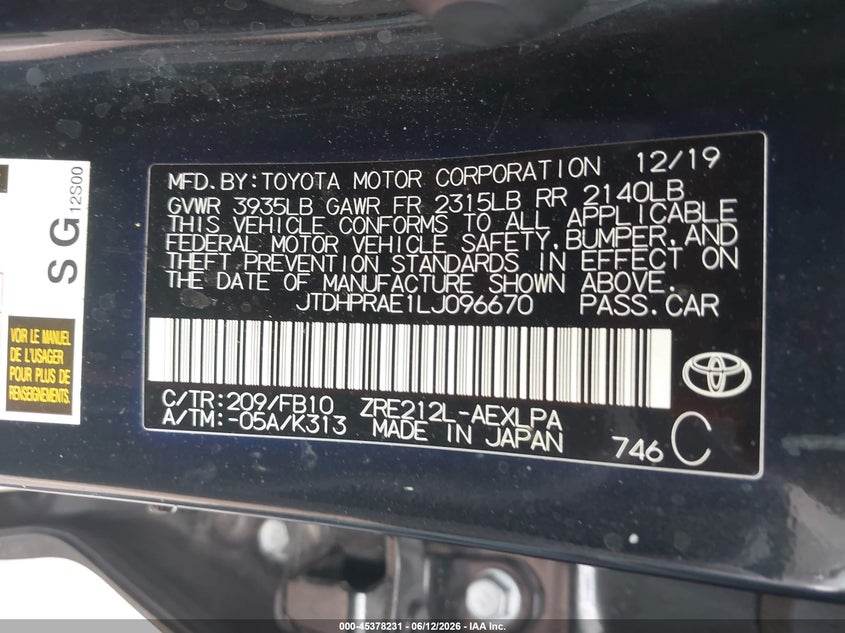 2020 Toyota Corolla VIN JTDHPRAE1LJ096670 IAAI salvage auction — REAR END, Salvage Title, sold $3,950 on 2026-07-28 (photo 9)