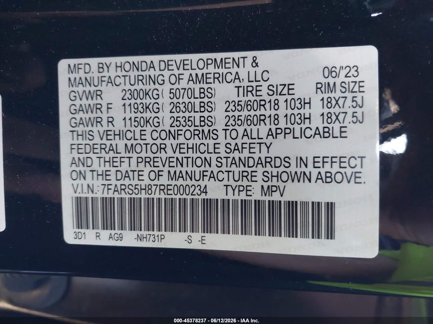 2024 Honda Cr-v VIN 7FARS5H87RE000234 IAAI salvage auction — FRONT END, Salvage Title, sold $14,000 on 2026-07-12 (photo 9)