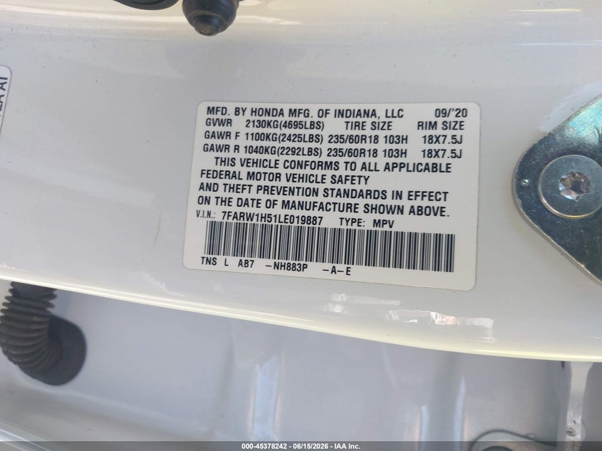 2020 Honda Cr-v VIN 7FARW1H51LE019887 IAAI salvage auction — FRONT END, Salvage (California), sold $4,000 on 2026-07-28 (photo 9)