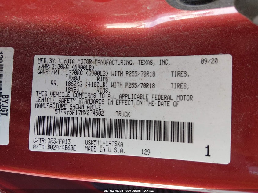 2021 Toyota Tundra VIN 5TFRY5F17MX274502 IAAI salvage auction — FRONT END, Original (Texas), sold $13,300 on 2026-07-14 (photo 9)