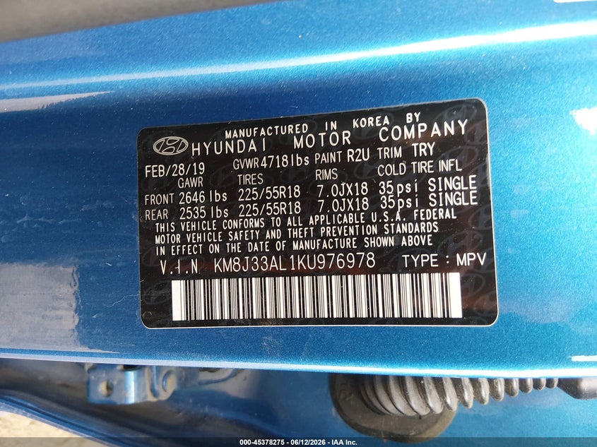2019 Hyundai Tucson VIN KM8J33AL1KU976978 IAAI salvage auction — FRONT & REAR, Salvage (Arizona), sold $5,000 on 2026-07-14 (photo 9)