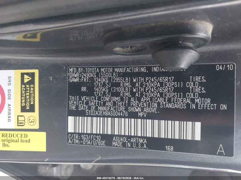 2010 Toyota Highlander VIN 5TDZA3EH8AS004476 IAAI salvage auction — RIGHT FRONT, Original (Texas), sold $2,200 on 2026-07-15 (photo 9)