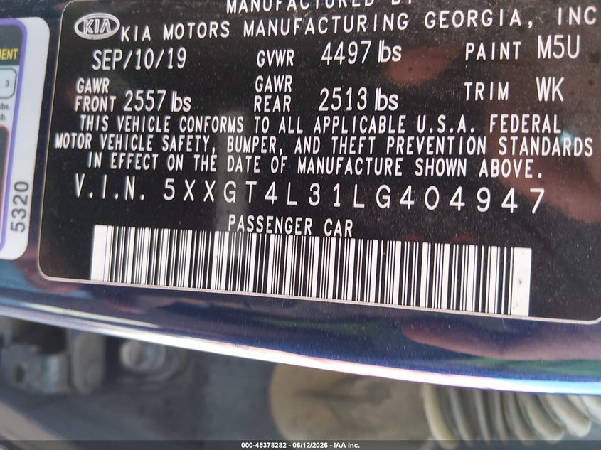 2020 Kia Optima VIN 5XXGT4L31LG404947 IAAI salvage auction — SIDE, Salvage Title, sold $25 on 2026-07-31 (photo 9)