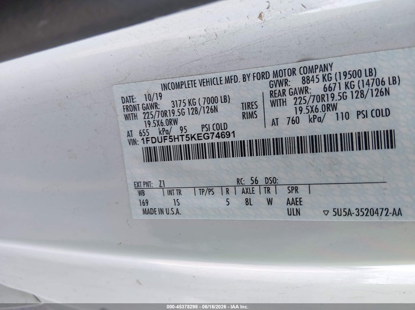 2019 Ford F-550 chassis VIN 1FDUF5HT5KEG74691 IAAI salvage auction — ALL OVER, Clear (Idaho), sold $8,050 on 2026-08-05 (photo 8)