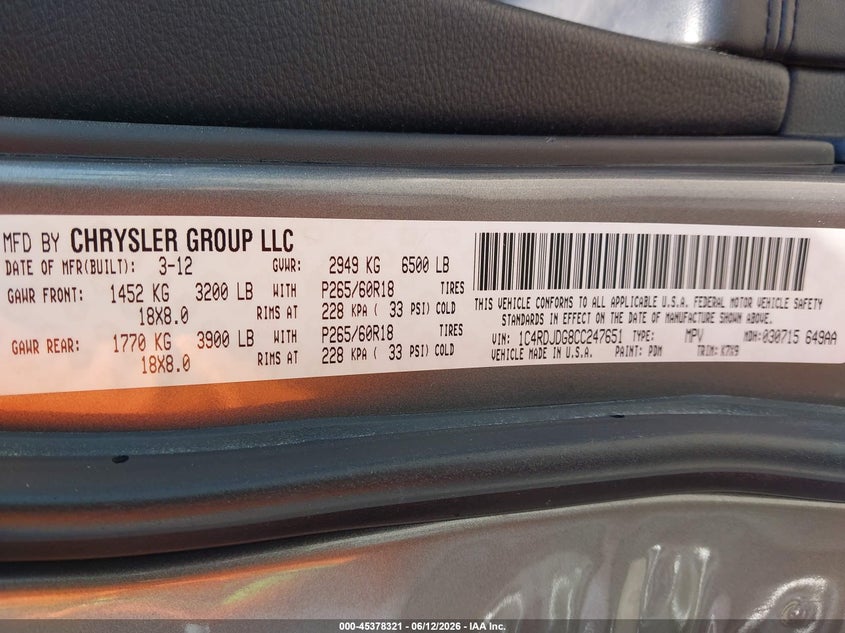 2012 Dodge Durango VIN 1C4RDJDG8CC247651 IAAI salvage auction — LEFT SIDE, Salvage Title, sold $1,950 on 2026-07-31 (photo 9)
