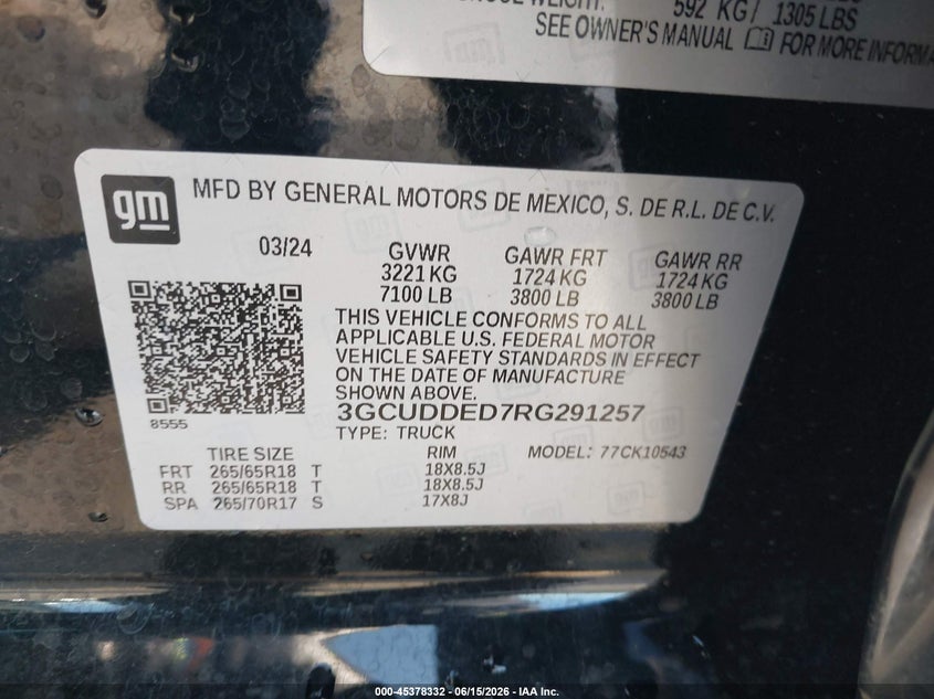 2024 Chevrolet Silverado VIN 3GCUDDED7RG291257 IAAI salvage auction — LEFT REAR, Salvage Title, sold $17,075 on 2026-07-29 (photo 9)