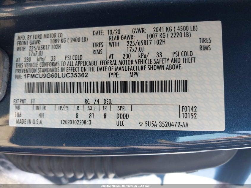 2020 Ford Escape VIN 1FMCU9G60LUC35362 IAAI salvage auction — FRONT END, Salvage Title, sold $1,750 on 2026-07-27 (photo 9)