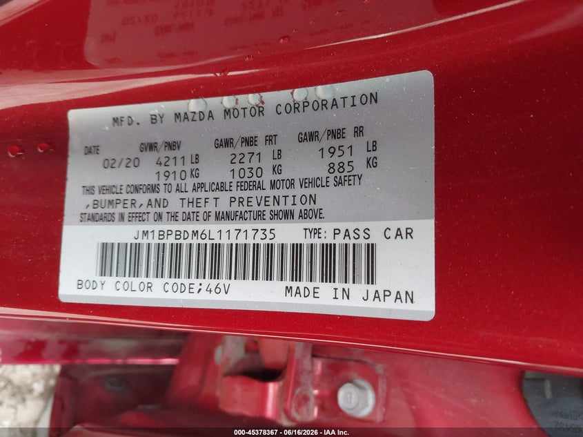 2020 Mazda 3 VIN JM1BPBDM6L1171735 IAAI salvage auction — FRONT & REAR, Salvage (Illinois), sold $475 on 2026-07-14 (photo 9)