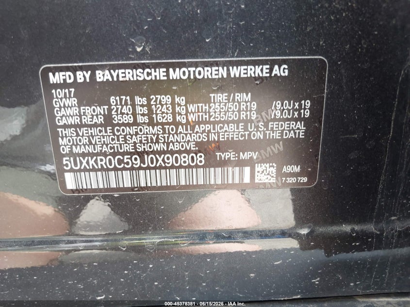 2018 BMW X5 VIN 5UXKR0C59J0X90808 IAAI salvage auction — FRONT END, Bill Of Sale (Washington), sold $5,150 on 2026-07-29 (photo 9)