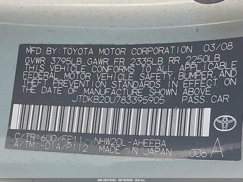 2008 Toyota Prius VIN JTDKB20U783395905 IAAI salvage auction — RIGHT FRONT, Bill Of Sale (Washington), sold $450 on 2026-07-15 (photo 9)