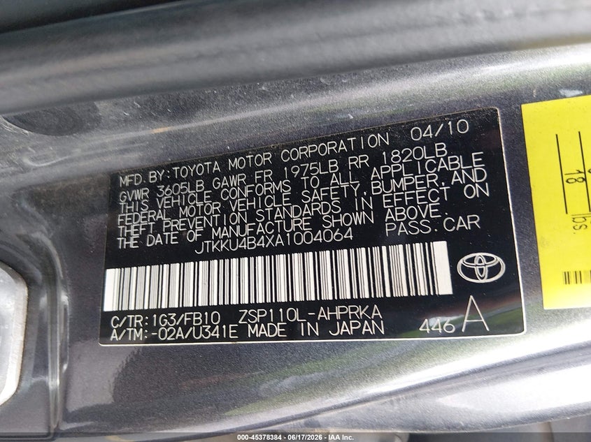 2010 Scion Xd VIN JTKKU4B4XA1004064 IAAI salvage auction — NORMAL WEAR, Clear (South Carolina), sold $850 on 2026-07-22 (photo 9)