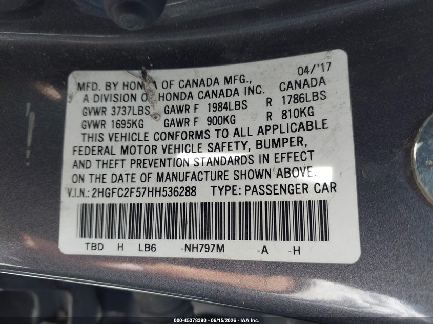 2017 Honda Civic VIN 2HGFC2F57HH536288 IAAI salvage auction — FRONT END, Salvage (California), sold $2,750 on 2026-07-06 (photo 9)
