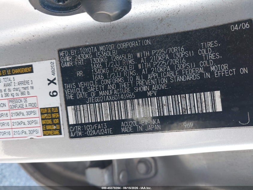 2006 Toyota Highlander VIN JTEGD21AX60146965 IAAI salvage auction — NORMAL WEAR, Clear (Pennsylvania), sold $1,125 on 2026-07-17 (photo 9)
