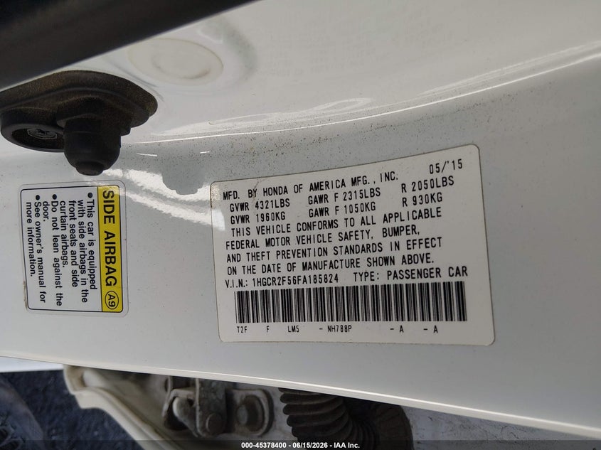 2015 Honda Accord VIN 1HGCR2F56FA185824 IAAI salvage auction — RIGHT SIDE, Salvage Certificate (California), sold $3,000 on 2026-07-10 (photo 9)