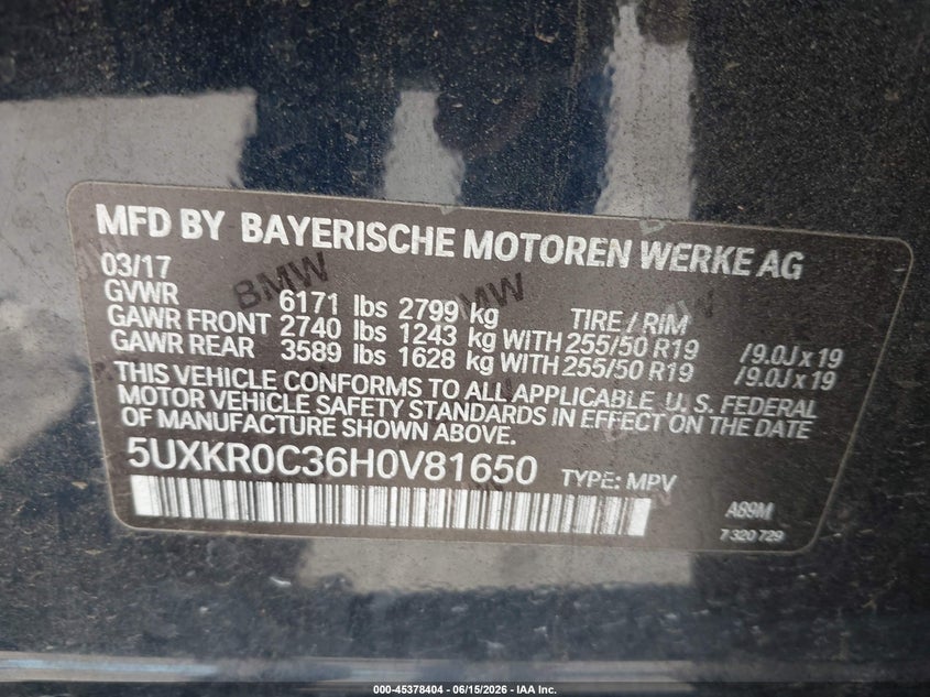 2017 BMW X5 VIN 5UXKR0C36H0V81650 IAAI salvage auction — FRONT END, Salvage (California), sold $5,600 on 2026-07-14 (photo 9)