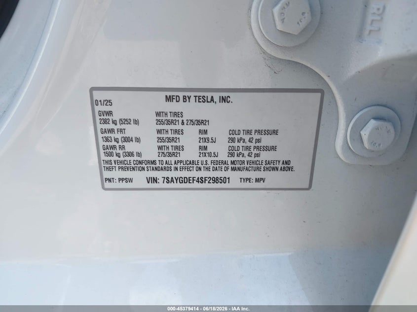 2025 Tesla Model y VIN 7SAYGDEF4SF298501 IAAI salvage auction — REAR END, Wait Title, sold $13,500 on 2026-08-02 (photo 9)