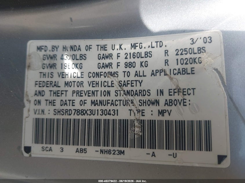 2003 Honda Cr-v VIN SHSRD788X3U130431 IAAI salvage auction — NORMAL WEAR, Clear (New Jersey), sold $425 on 2026-07-16 (photo 9)