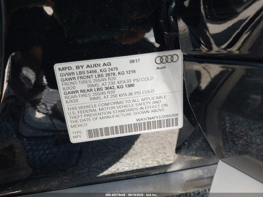 2018 Audi Q5 VIN WA1CNAFY2J2055308 IAAI salvage auction — REAR END, Salvage (Iowa), sold $8,500 on 2026-08-29 (photo 9)